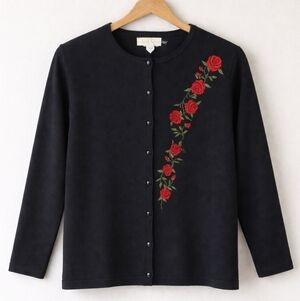Vintage 90s Twin Set L Black Cardigan + Tee Rose Embroidery Cottagecore